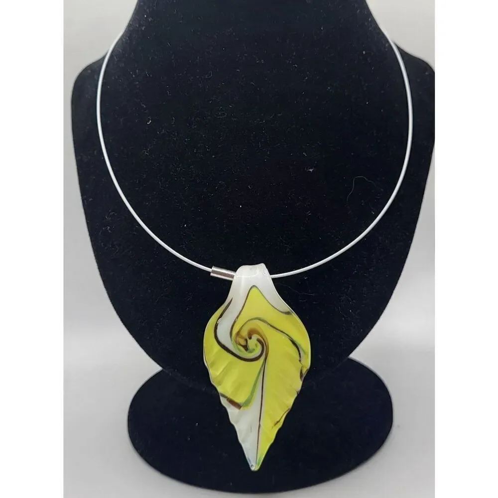 Yellow Blown Glass Leaf Pendant Necklace Abstract Large 16in